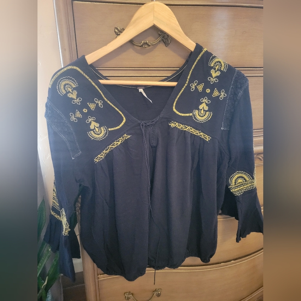 Free People Embroidered Navy Blue Peasant Top